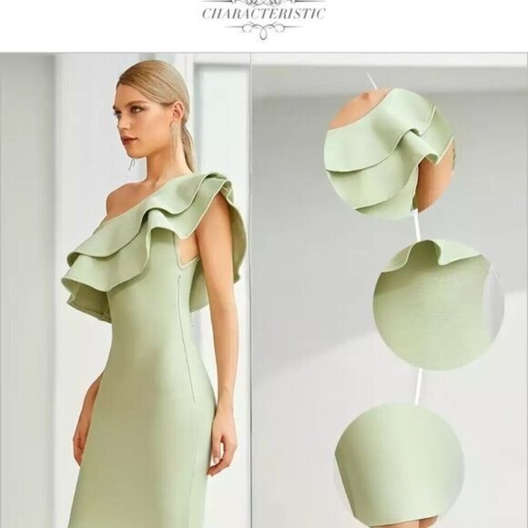 One Shoulder Ruffles Mini Bandage Dress Sexy Sleeveless Green - Picture 2 of 7